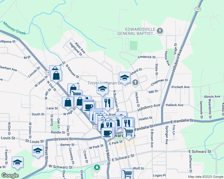 map of restaurants, bars, coffee shops, grocery stores, and more near 321 Douglas Avenue in Edwardsville