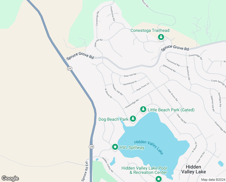 map of restaurants, bars, coffee shops, grocery stores, and more near 16789 Hawks Hill Road in Hidden Valley Lake