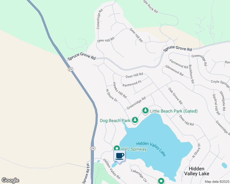 map of restaurants, bars, coffee shops, grocery stores, and more near 16789 Hawks Hill Road in Hidden Valley Lake
