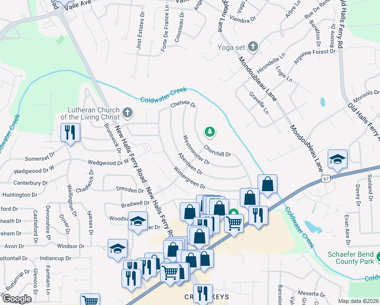 map of restaurants, bars, coffee shops, grocery stores, and more near 2887 Westminster Drive in Florissant