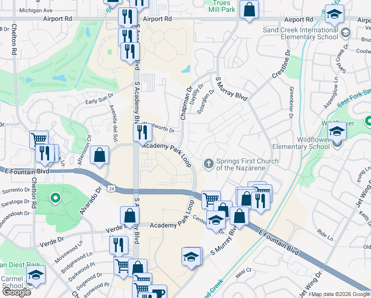 map of restaurants, bars, coffee shops, grocery stores, and more near 1103 Academy Park Loop in Colorado Springs