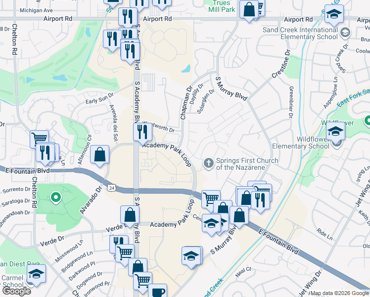 map of restaurants, bars, coffee shops, grocery stores, and more near 1103 Academy Park Loop in Colorado Springs