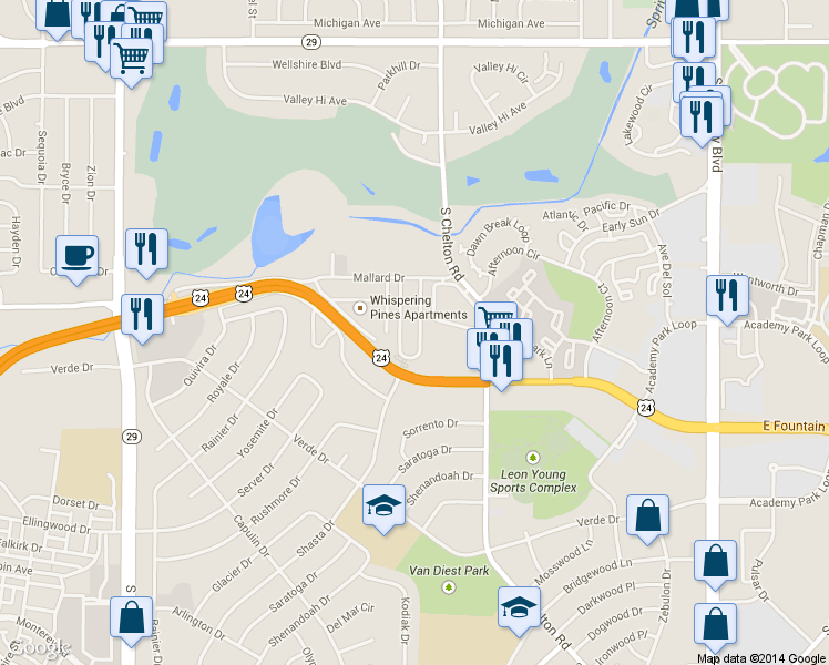 map of restaurants, bars, coffee shops, grocery stores, and more near 1153 Mazatlan Circle in Colorado Springs