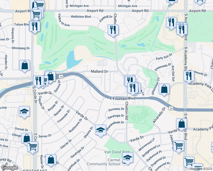 map of restaurants, bars, coffee shops, grocery stores, and more near 1153 Mazatlan Circle in Colorado Springs
