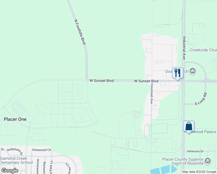 map of restaurants, bars, coffee shops, grocery stores, and more near 1121 West Sunset Boulevard in Rocklin