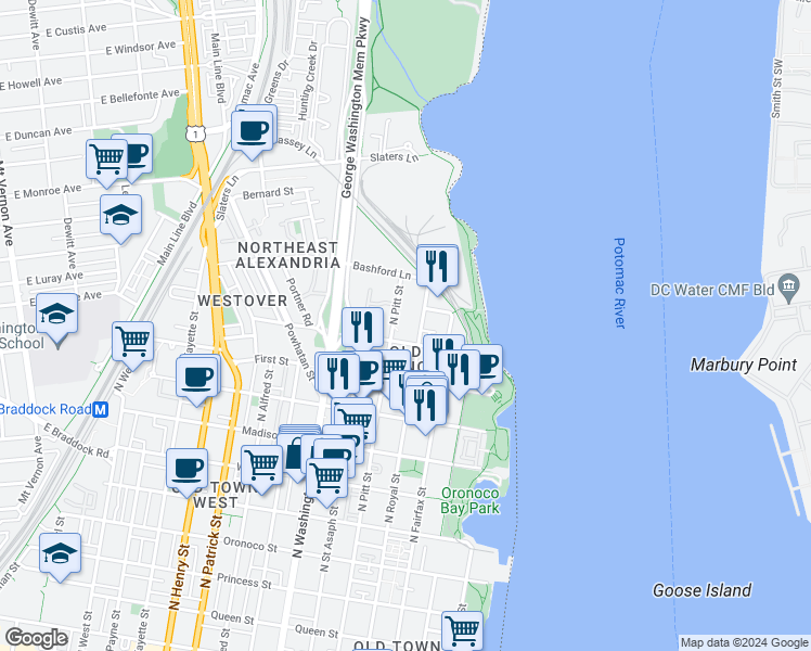 map of restaurants, bars, coffee shops, grocery stores, and more near 1107 North Pitt Street in Alexandria