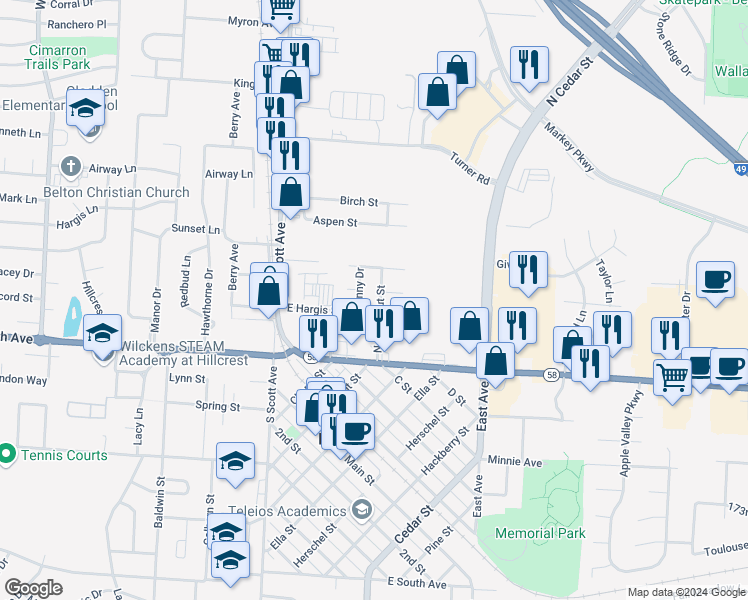 map of restaurants, bars, coffee shops, grocery stores, and more near 218 East Washington Street in Belton