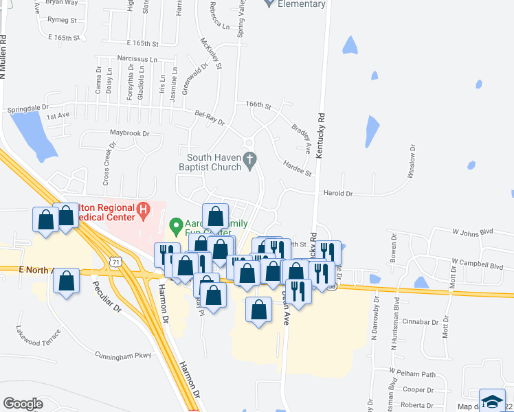 map of restaurants, bars, coffee shops, grocery stores, and more near 8135 Bel- Ray Boulevard in Belton