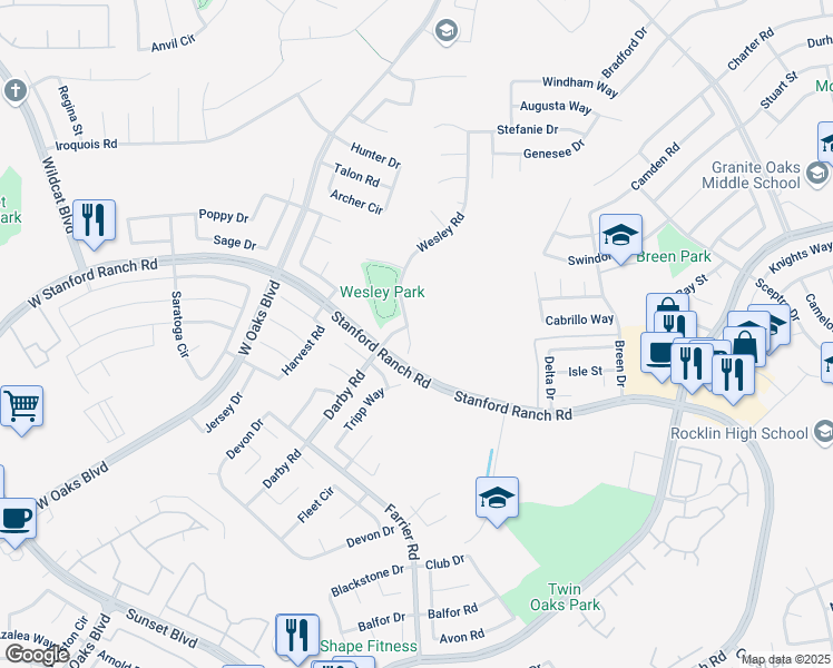 map of restaurants, bars, coffee shops, grocery stores, and more near 5403 Wesley Court in Rocklin