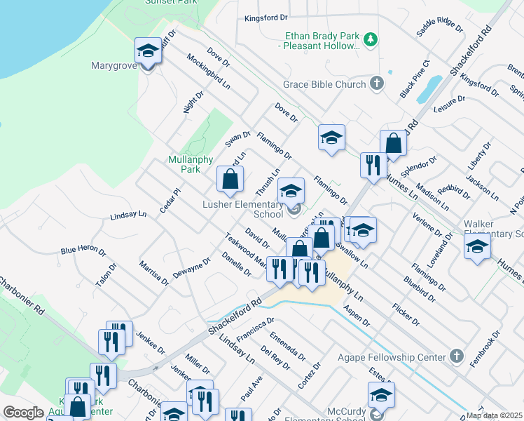 map of restaurants, bars, coffee shops, grocery stores, and more near 1225 Bobolink Drive in Florissant