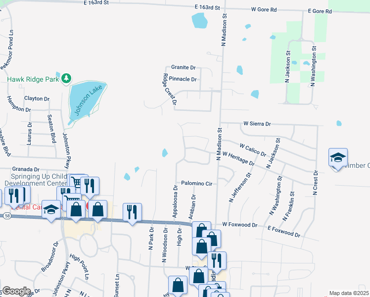 map of restaurants, bars, coffee shops, grocery stores, and more near Buffalo Drive in Raymore