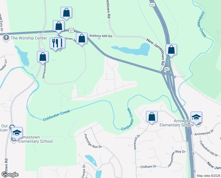 map of restaurants, bars, coffee shops, grocery stores, and more near 14440 Fox Dower Court in Florissant