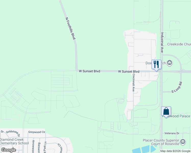 map of restaurants, bars, coffee shops, grocery stores, and more near 1121 West Sunset Boulevard in Rocklin