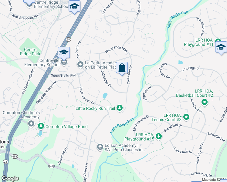 map of restaurants, bars, coffee shops, grocery stores, and more near 6556 Palisades Drive in Centreville