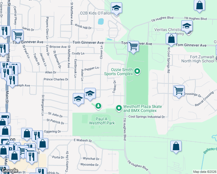 map of restaurants, bars, coffee shops, grocery stores, and more near 608 Clover Lane in O'Fallon
