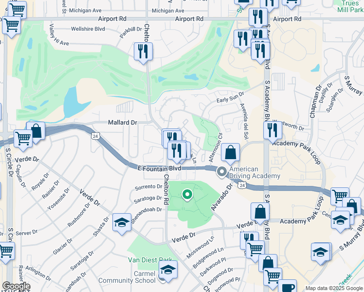 map of restaurants, bars, coffee shops, grocery stores, and more near 1006 Palacio View in Colorado Springs