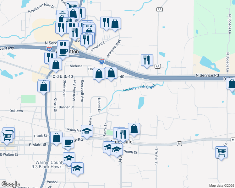 map of restaurants, bars, coffee shops, grocery stores, and more near 1170 East Veterans Memorial Parkway in Truesdale