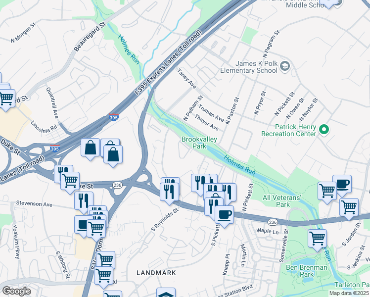 map of restaurants, bars, coffee shops, grocery stores, and more near 5380 Holmes Run Parkway in Alexandria
