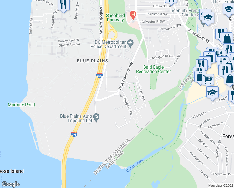 map of restaurants, bars, coffee shops, grocery stores, and more near 4764 Blue Plains Drive Southwest in Washington