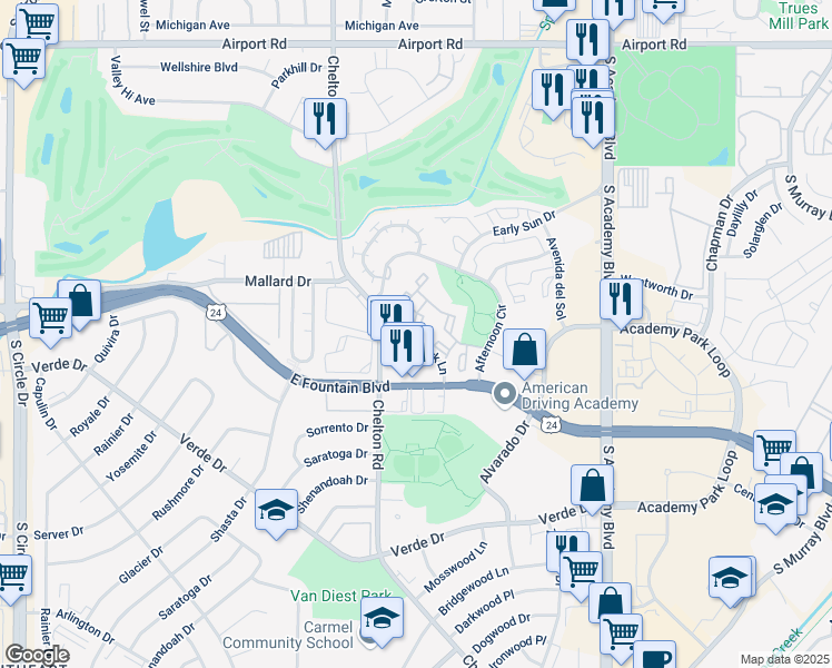 map of restaurants, bars, coffee shops, grocery stores, and more near 1041 Palacio View in Colorado Springs