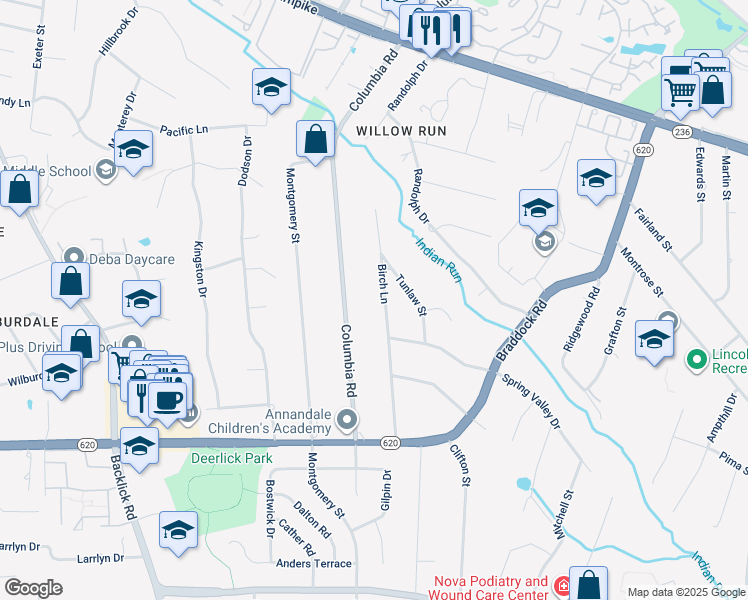map of restaurants, bars, coffee shops, grocery stores, and more near 4920 Birch Lane in Alexandria