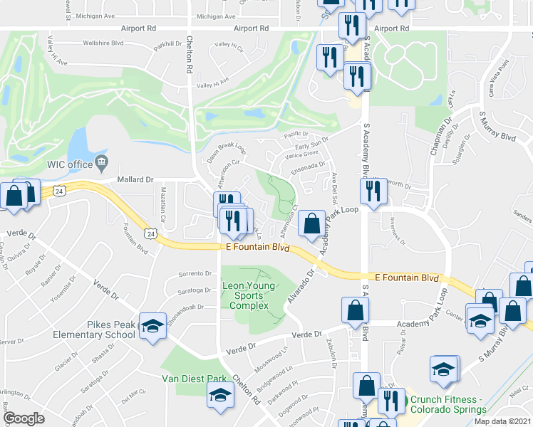 map of restaurants, bars, coffee shops, grocery stores, and more near 1120 Zamora Circle in Colorado Springs