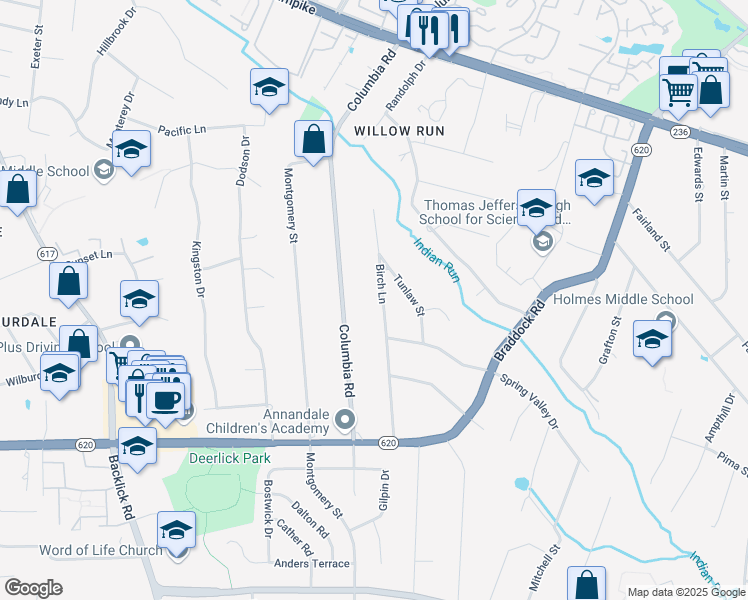 map of restaurants, bars, coffee shops, grocery stores, and more near 4920 Birch Lane in Alexandria