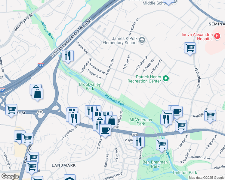 map of restaurants, bars, coffee shops, grocery stores, and more near 5108 Sutton Place in Alexandria