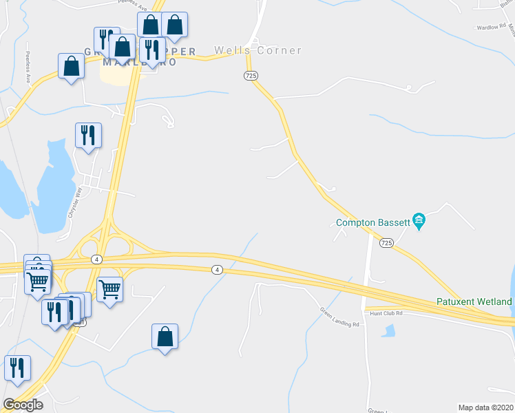 map of restaurants, bars, coffee shops, grocery stores, and more near 16109 Marlboro Pike in Upper Marlboro