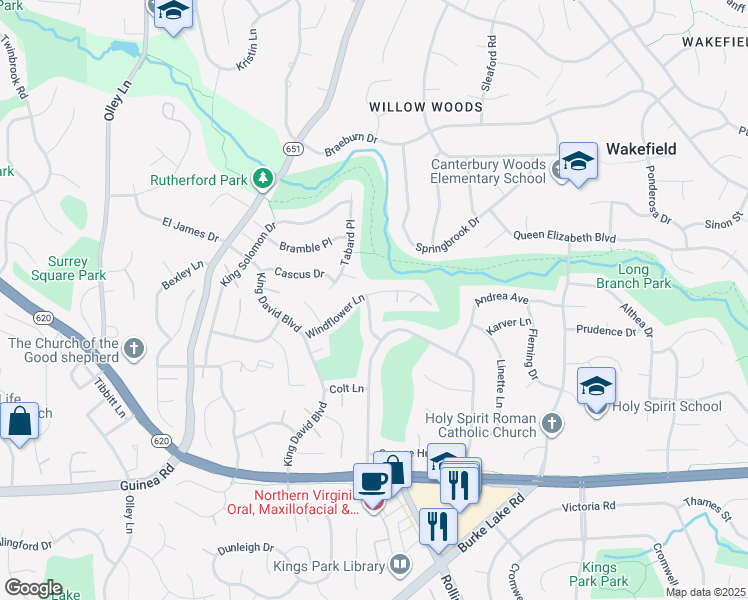 map of restaurants, bars, coffee shops, grocery stores, and more near 4945 Sabra Lane in Annandale