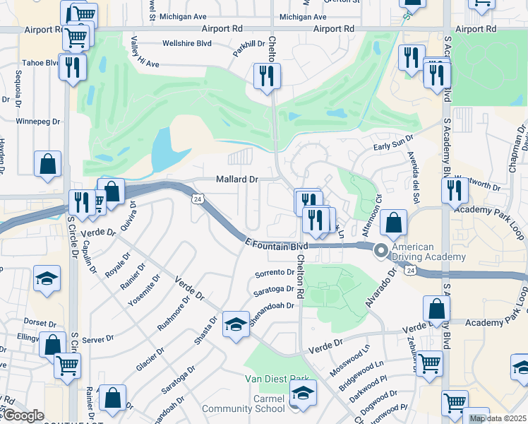 map of restaurants, bars, coffee shops, grocery stores, and more near 1153 Mazatlan Circle in Colorado Springs