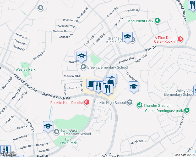 map of restaurants, bars, coffee shops, grocery stores, and more near 5255 Bay Street in Rocklin