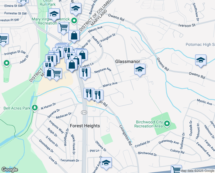 map of restaurants, bars, coffee shops, grocery stores, and more near 713 Marcy Avenue in Oxon Hill
