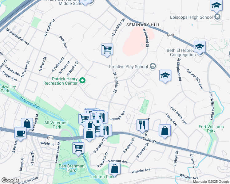map of restaurants, bars, coffee shops, grocery stores, and more near 503 North Jordan Street in Alexandria