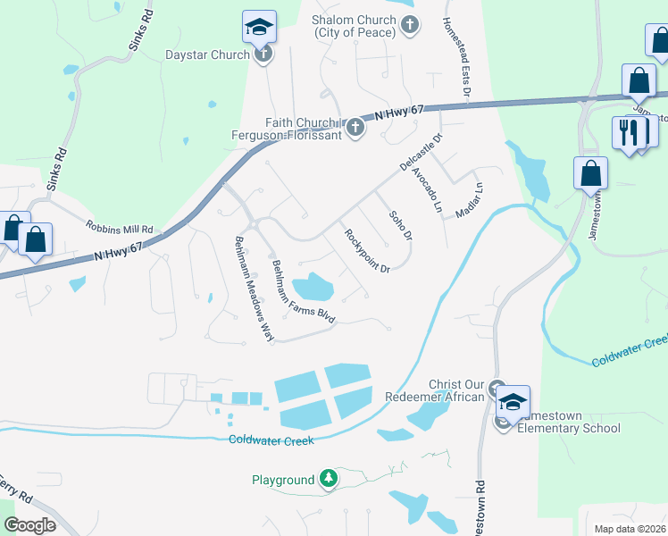 map of restaurants, bars, coffee shops, grocery stores, and more near 8 Behlmann Lake Court in Florissant