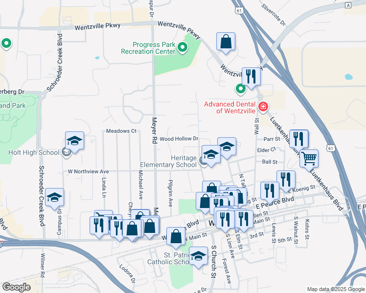 map of restaurants, bars, coffee shops, grocery stores, and more near 108 Wood Hollow Drive in Wentzville