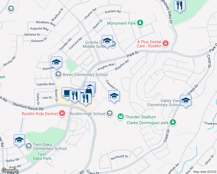 map of restaurants, bars, coffee shops, grocery stores, and more near 3220 Camelot Drive in Rocklin