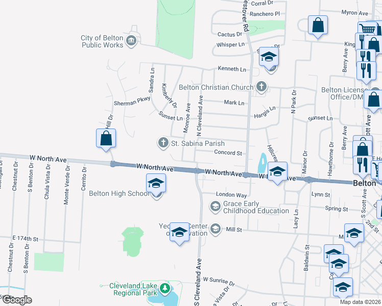 map of restaurants, bars, coffee shops, grocery stores, and more near 111 North Cleveland Avenue in Belton