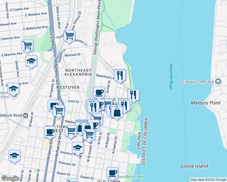 map of restaurants, bars, coffee shops, grocery stores, and more near 1111 North Pitt Street in Alexandria