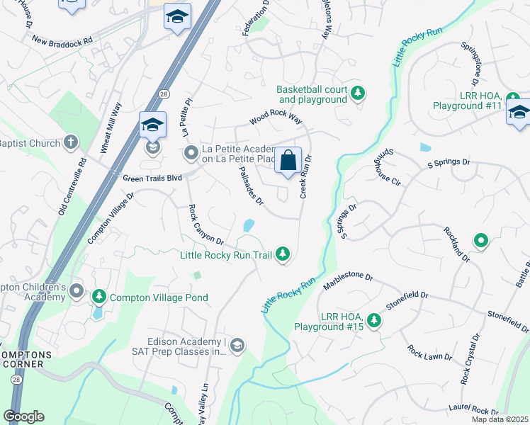 map of restaurants, bars, coffee shops, grocery stores, and more near 6552 Palisades Drive in Centreville