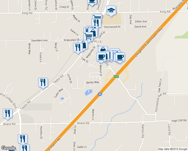 map of restaurants, bars, coffee shops, grocery stores, and more near 6154 South Walnut Street in Loomis
