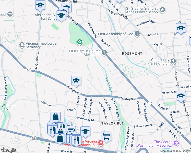 map of restaurants, bars, coffee shops, grocery stores, and more near 3006 Bryan Street in Alexandria