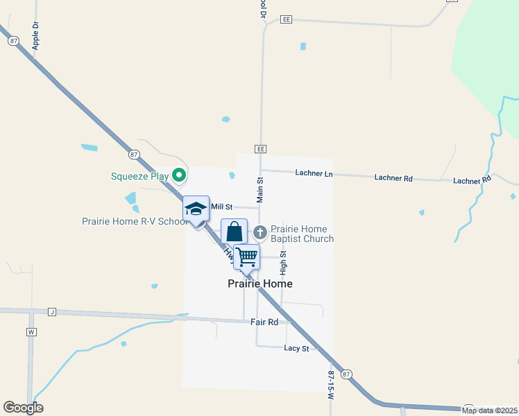 map of restaurants, bars, coffee shops, grocery stores, and more near 398 Main St in Prairie Home
