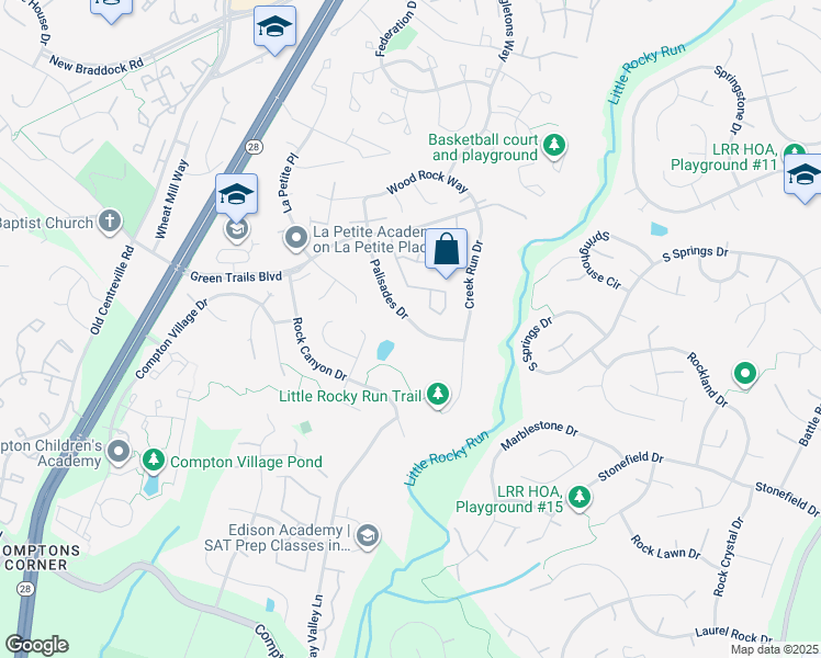 map of restaurants, bars, coffee shops, grocery stores, and more near 6552 Palisades Drive in Centreville