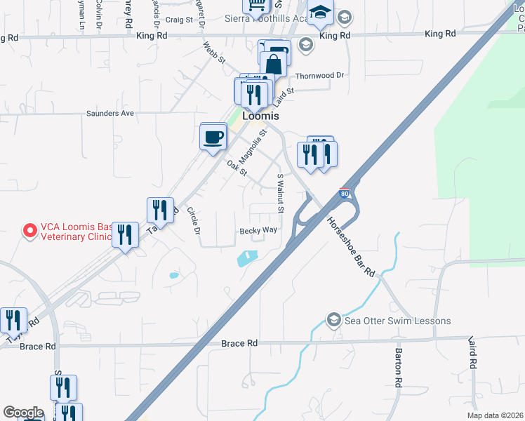 map of restaurants, bars, coffee shops, grocery stores, and more near 6154 South Walnut Street in Loomis