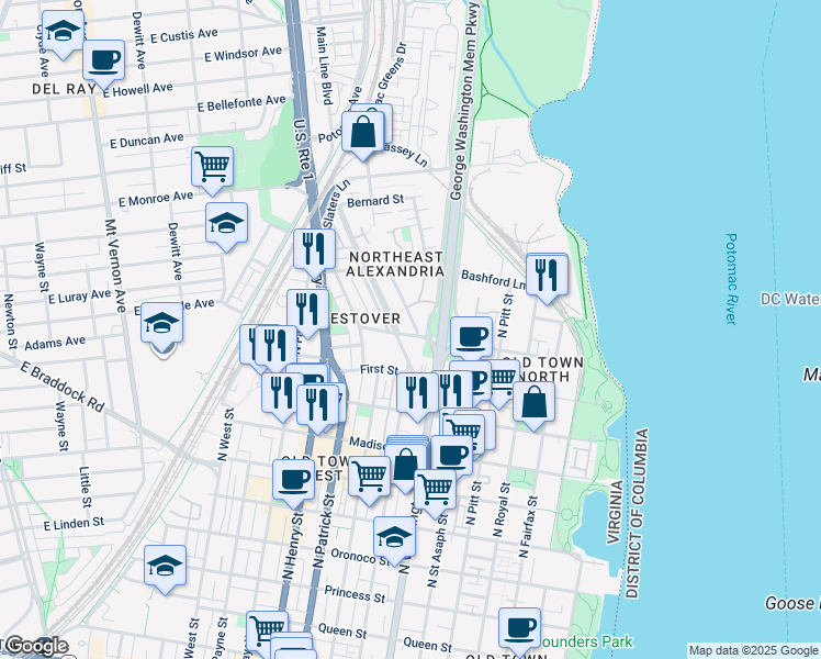 map of restaurants, bars, coffee shops, grocery stores, and more near 803 Second Street in Alexandria