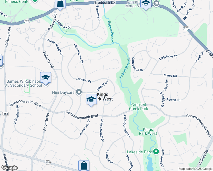 map of restaurants, bars, coffee shops, grocery stores, and more near 4909 Wycliff Lane in Fairfax