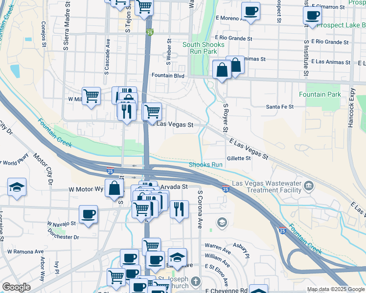 map of restaurants, bars, coffee shops, grocery stores, and more near 1209 South Nevada Avenue in Colorado Springs