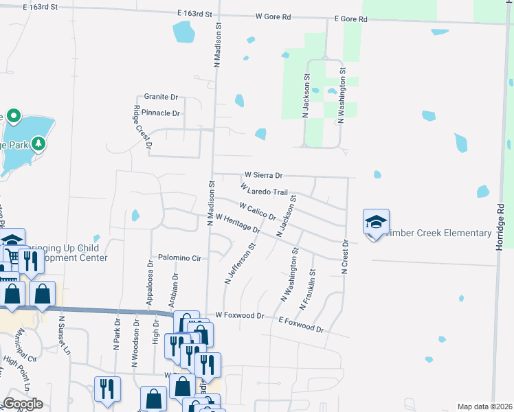 map of restaurants, bars, coffee shops, grocery stores, and more near 208 West Calico Drive in Raymore