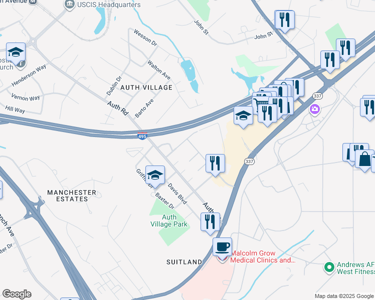 map of restaurants, bars, coffee shops, grocery stores, and more near 6375 Maxwell Drive in Camp Springs